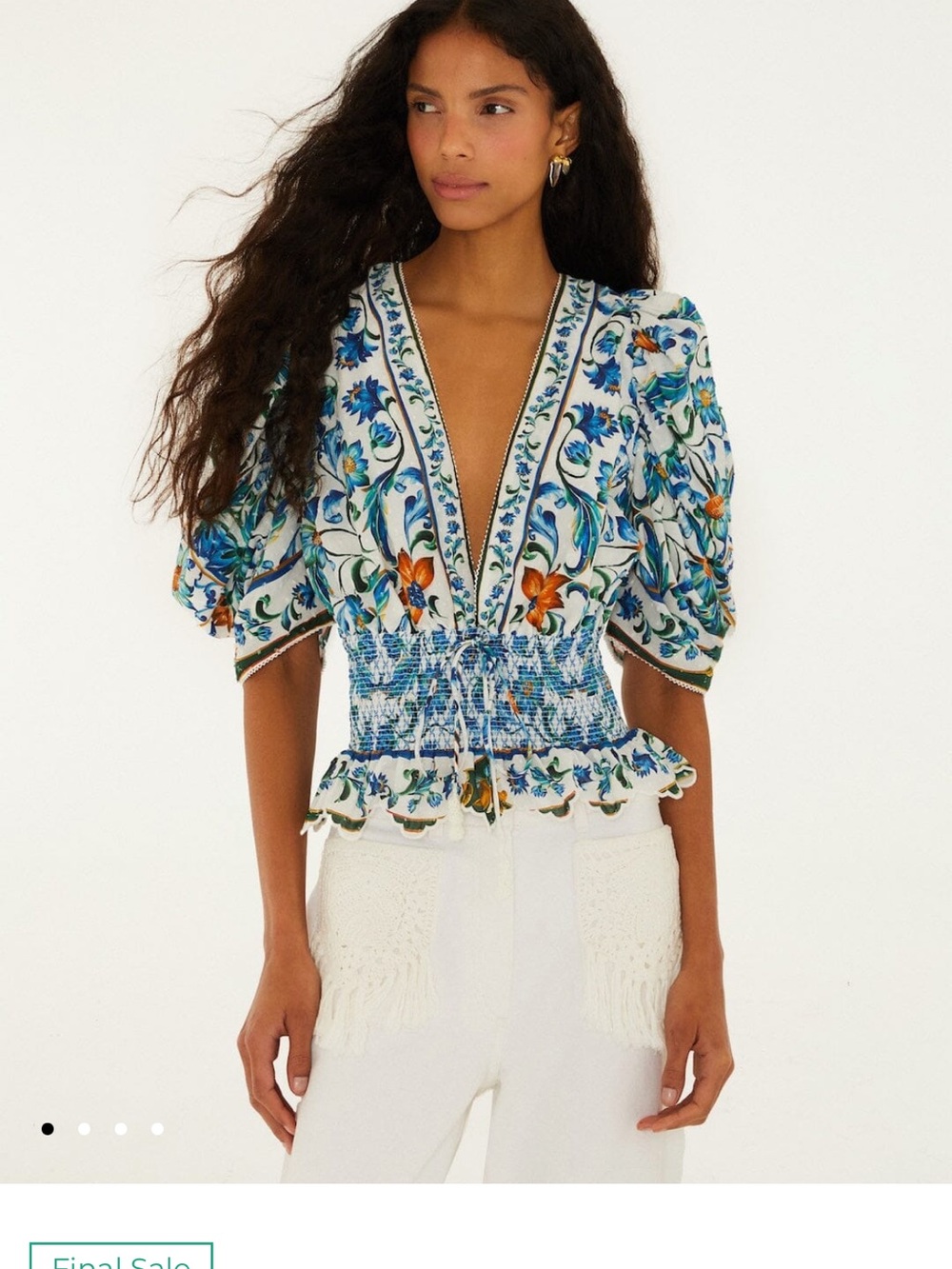 Farm Rio Floral Smocked V-Neck Puff Sleeve Top - Blue & White